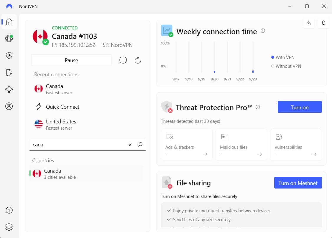 Screenshot of NordVPN's windows app