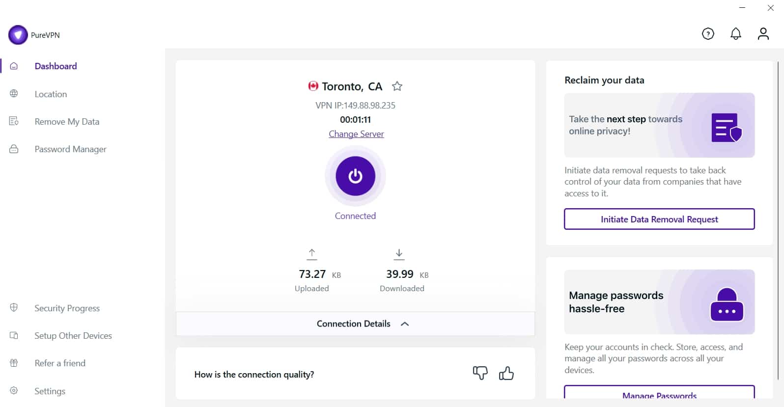 Screenshot of PureVPN's Windows app