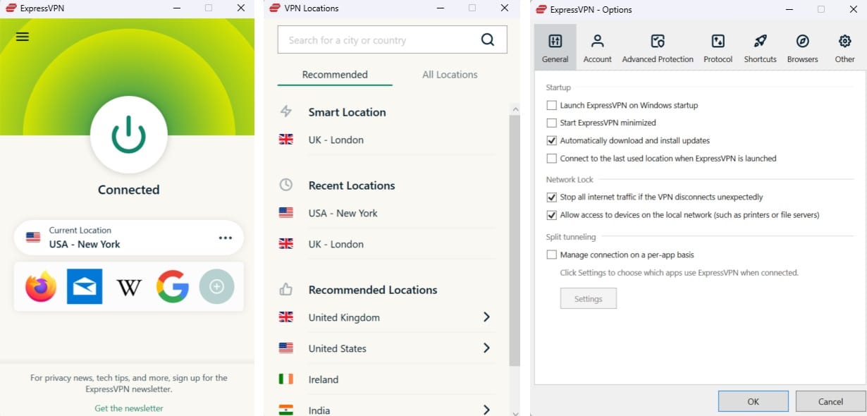 Screenshot of ExpressVPN's interface on windows