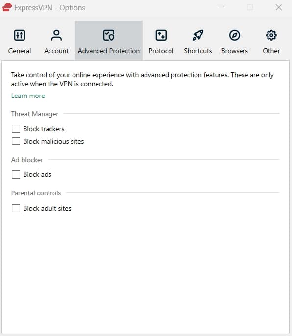 Screenshot of ExpressVPN's Advanced Protection settings