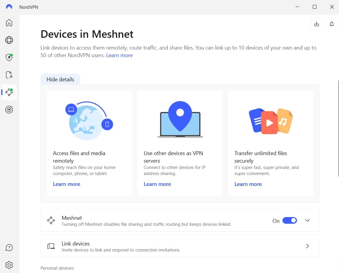 Screenshot of NordVPN's Meshnet options