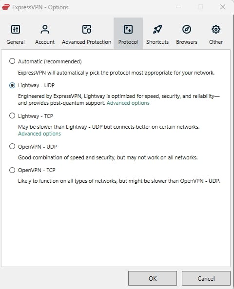 ExpressVPN connection protocols.