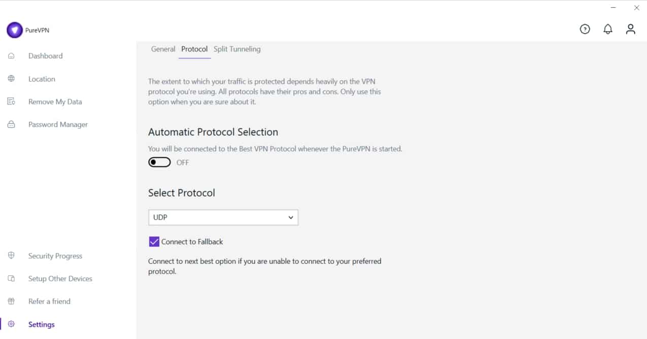 Screenshot of PureVPN's protocol selection screen