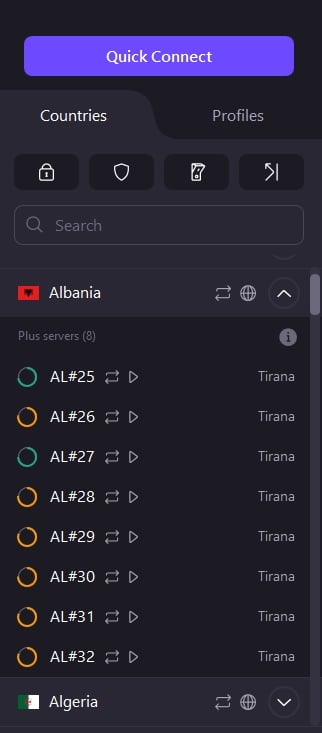 ProtonVPN server list.