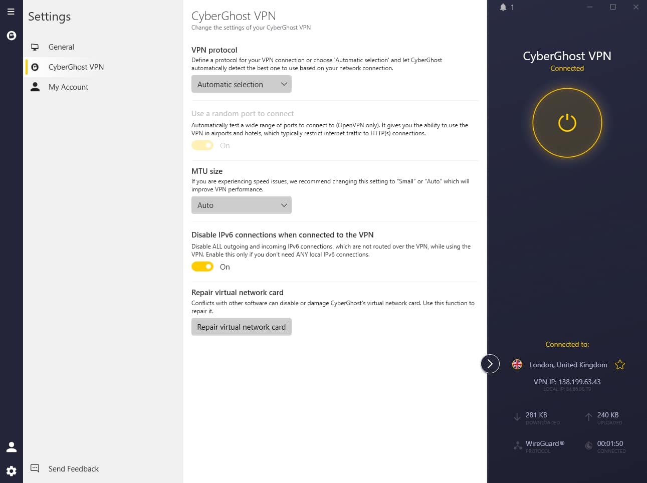 CyberGhost VPN settings.