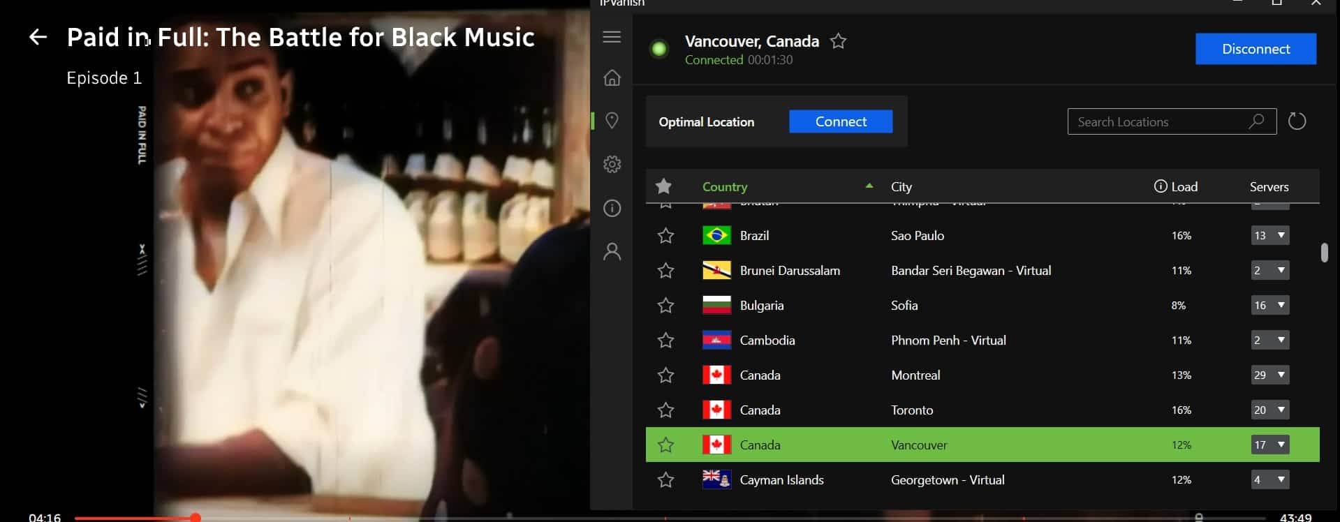 Streaming CBC with IPVanish active