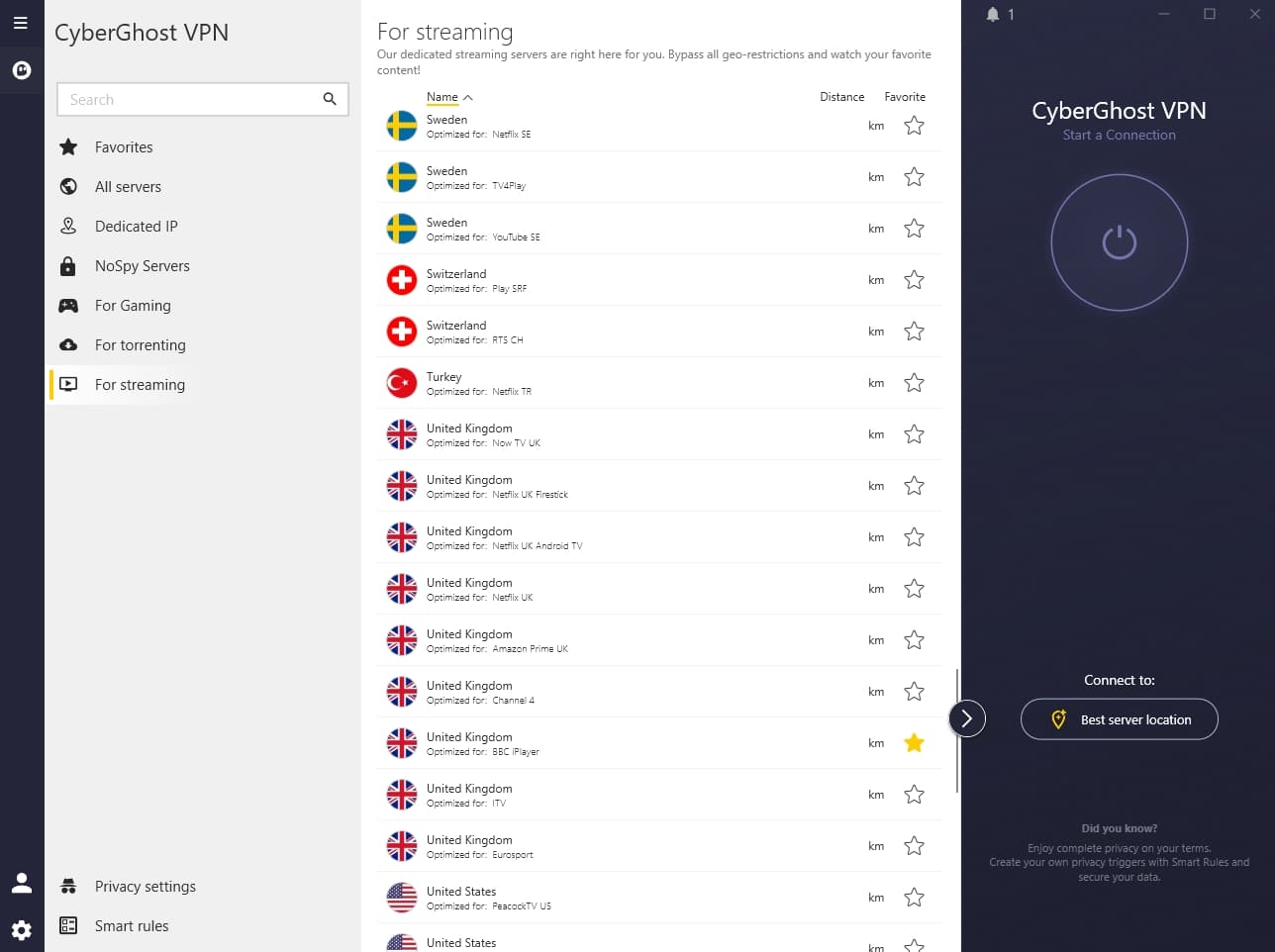 CyberGhost streaming servers.