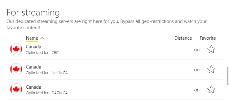 Screenshot of CyberGhost's Canadian streaming servers