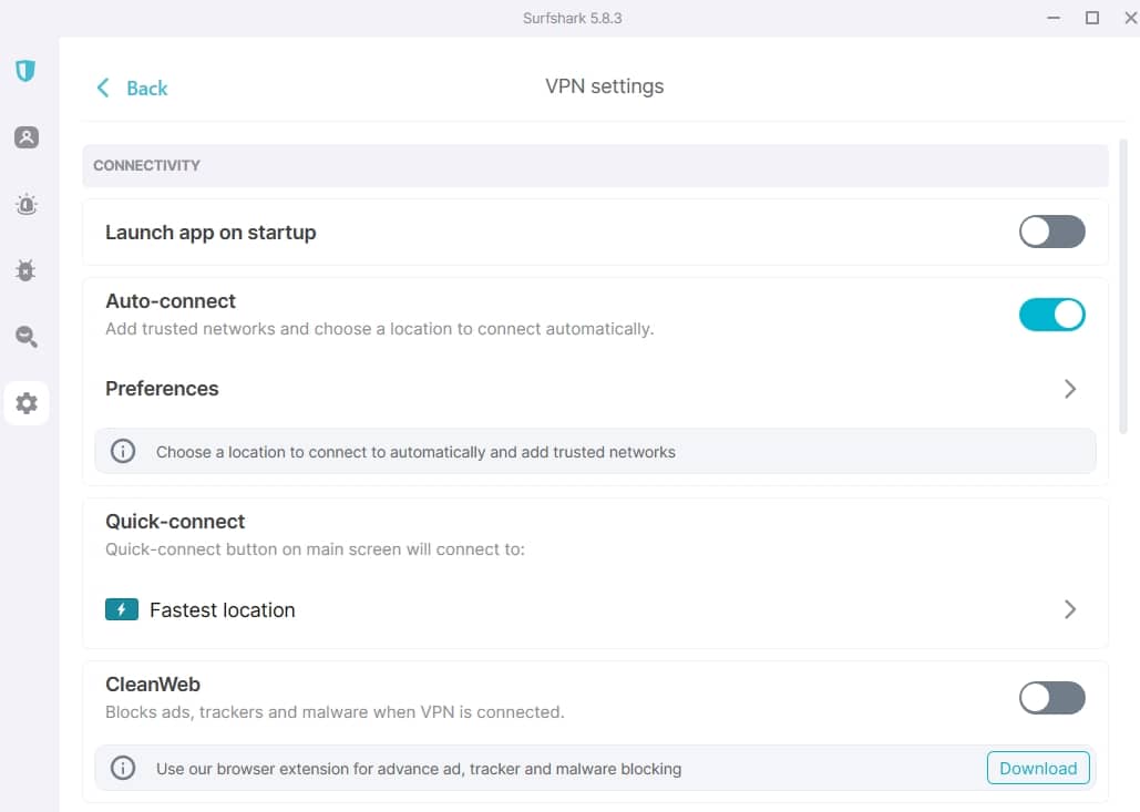 Surfshark's VPN Settings.