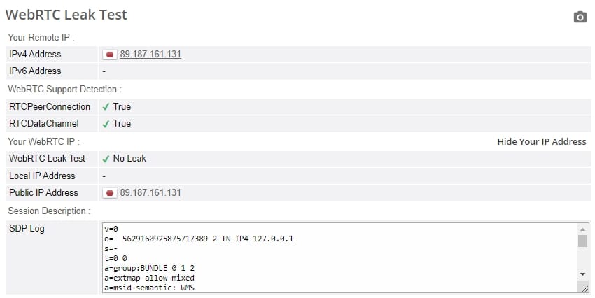WebRTC leak test.