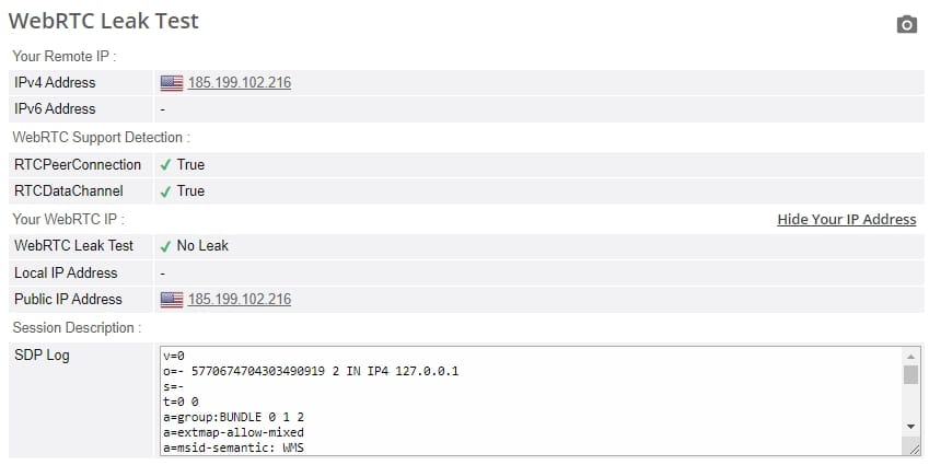 Screenshot of a WebRTC test run with NordVPN active