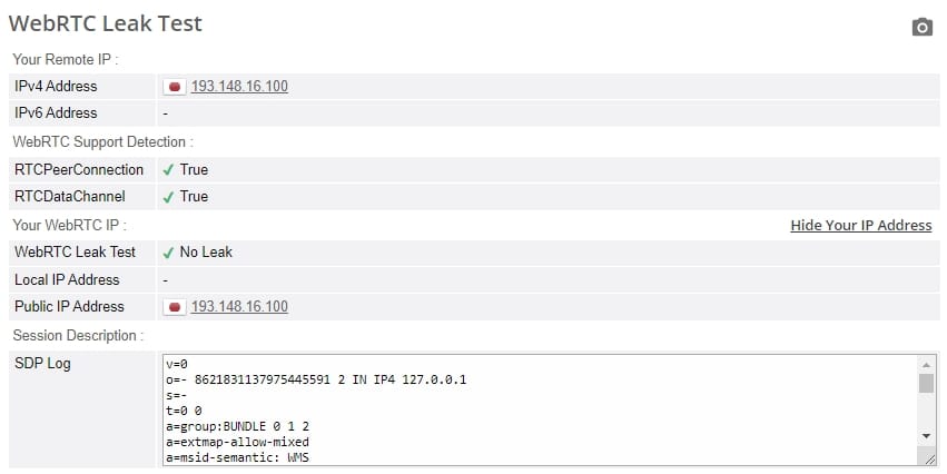 WebRTC leak test.