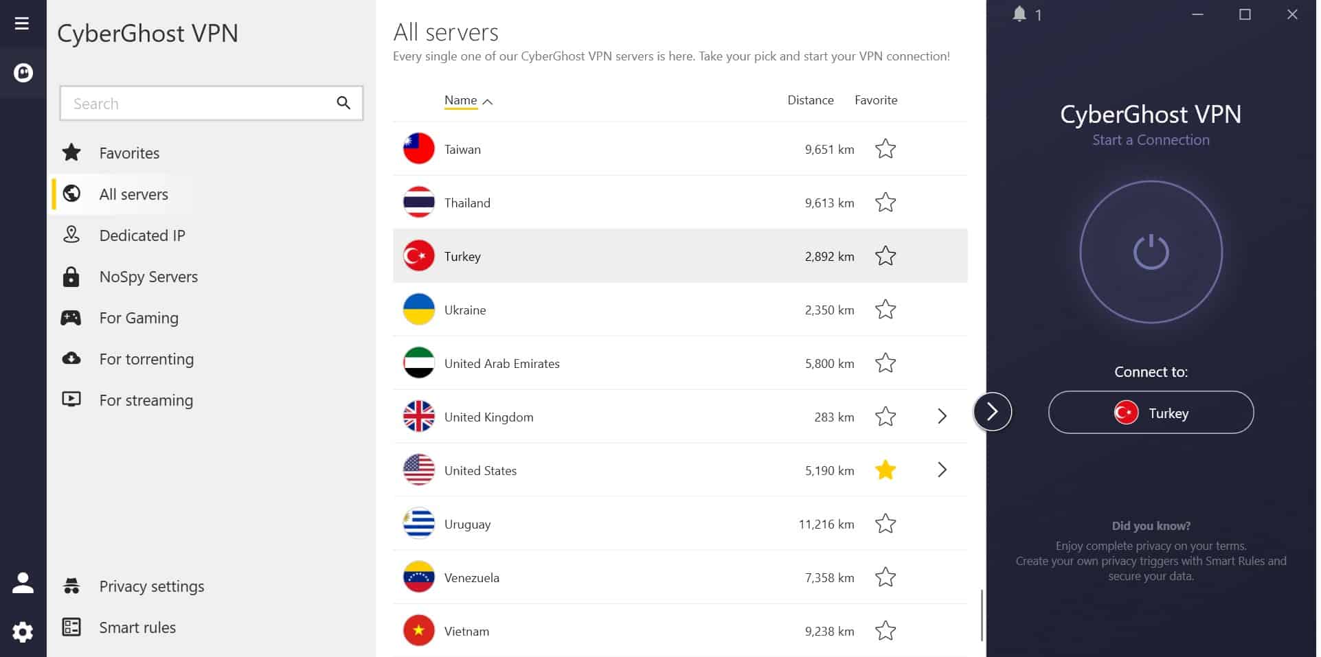 Screenshot of CyberGhost's Turkish servers