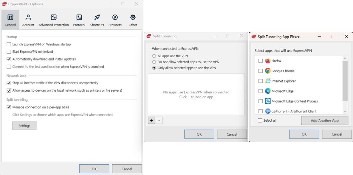 Screenshot of ExpressVPN's split tunneling tool