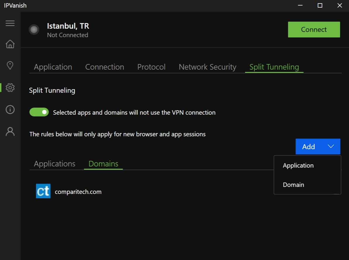 Screenshot of IPVanish's split tunneling options