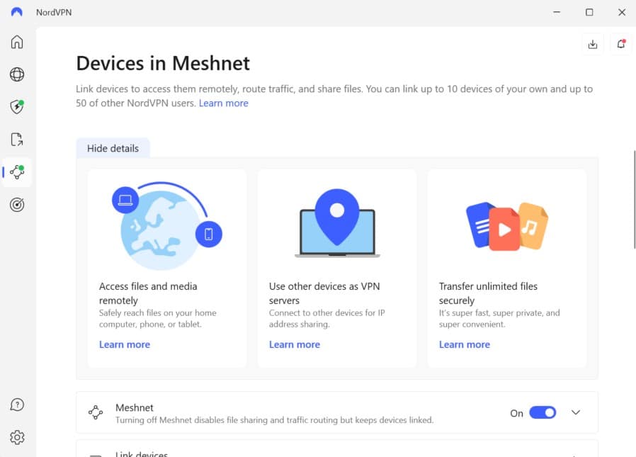 Screenshot of NordVPN's Meshnet feature