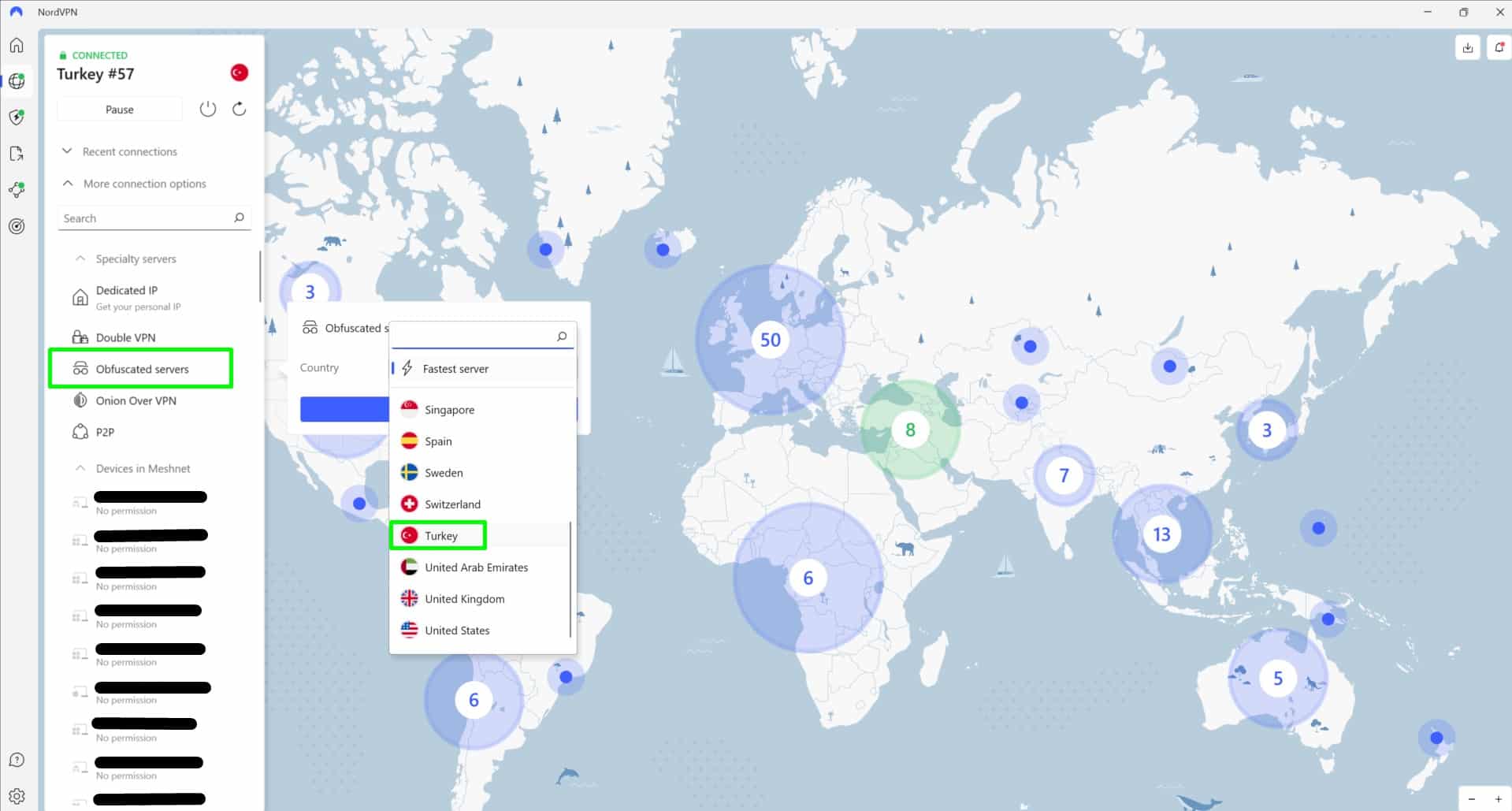 Screenshot of NordVPN's obfuscated servers