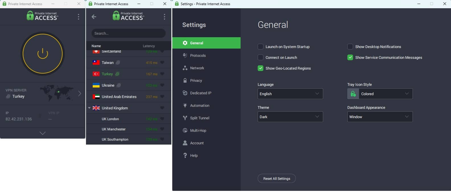 Screenshot of PIA's interface on Windows