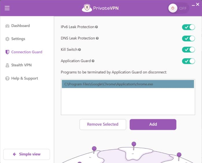Screenshot of PrivateVPN's kill switch settings
