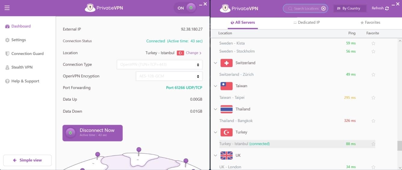 Screenshot of PrivateVPN's Windows app
