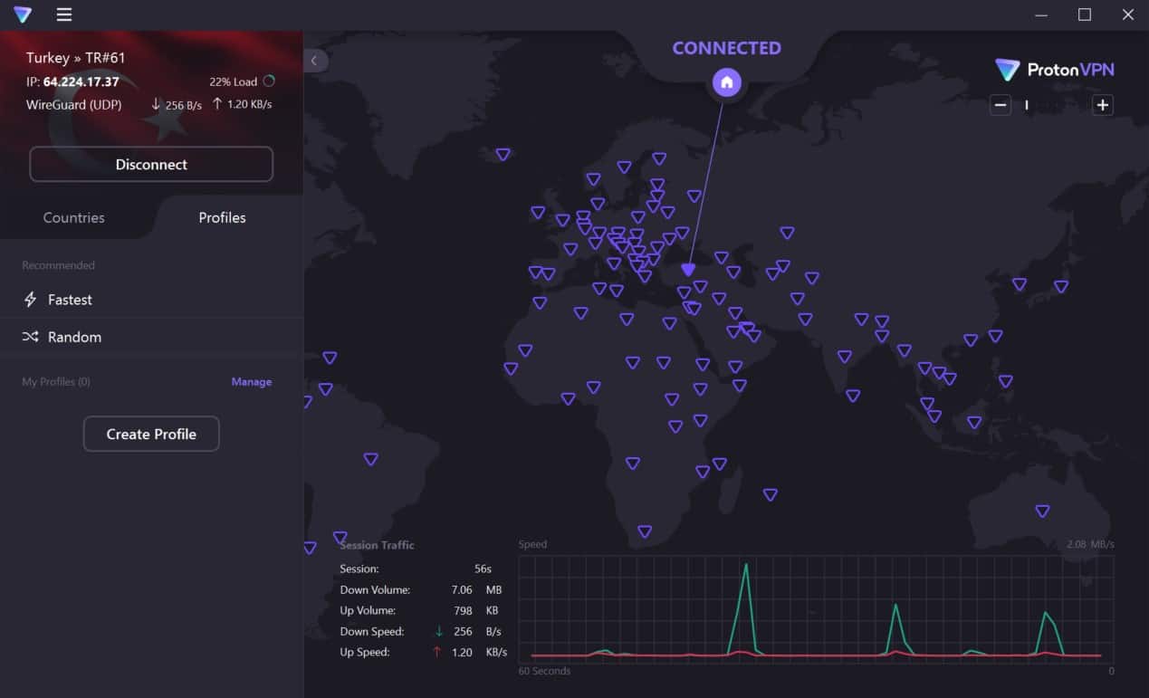 Screenshot of ProtonVPN's interface on Windows