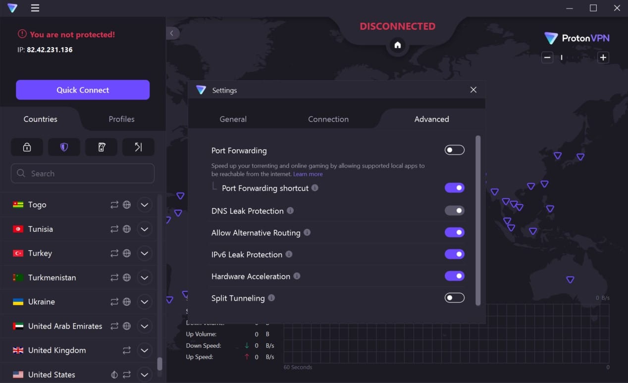 Screenshot of ProtonVPN's settings menu