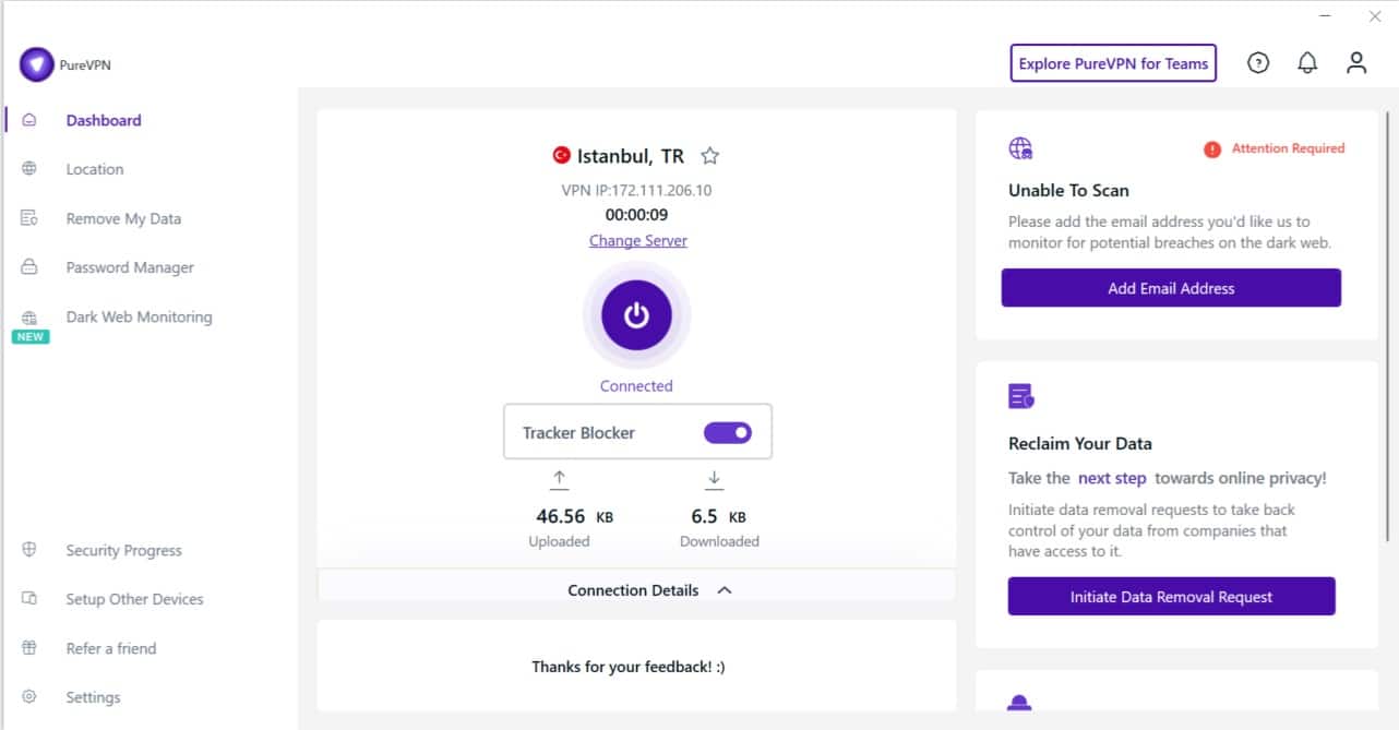 Screenshot of PureVPN's interface on Windows