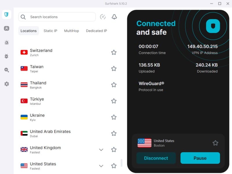 Screenshot of Surfshark's main panel