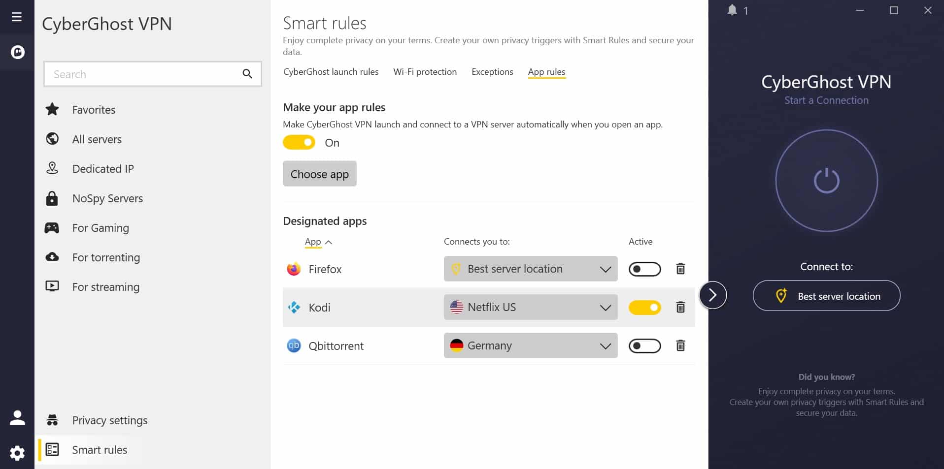 Screenshot of CyberGhost's smart rules feature