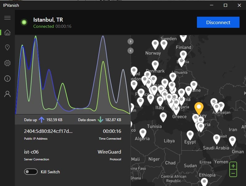 Screenshot of IPVanish's main panel