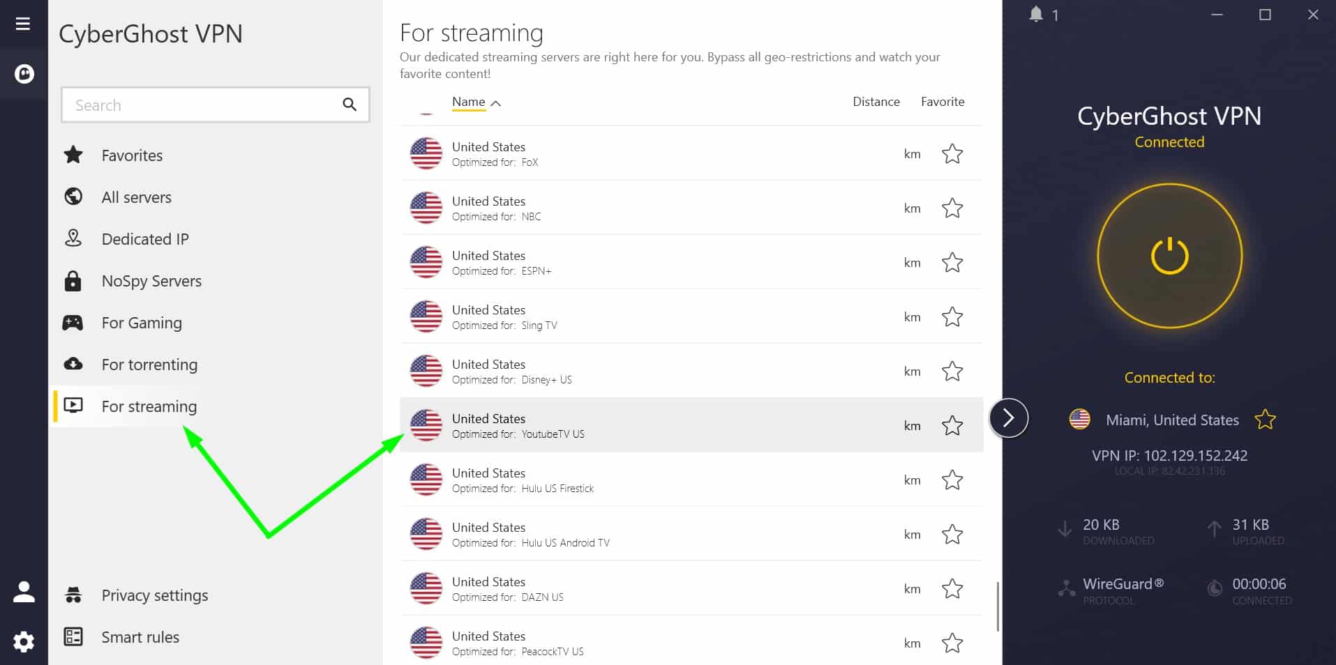 Screenshot of CyberGhost's streaming server page