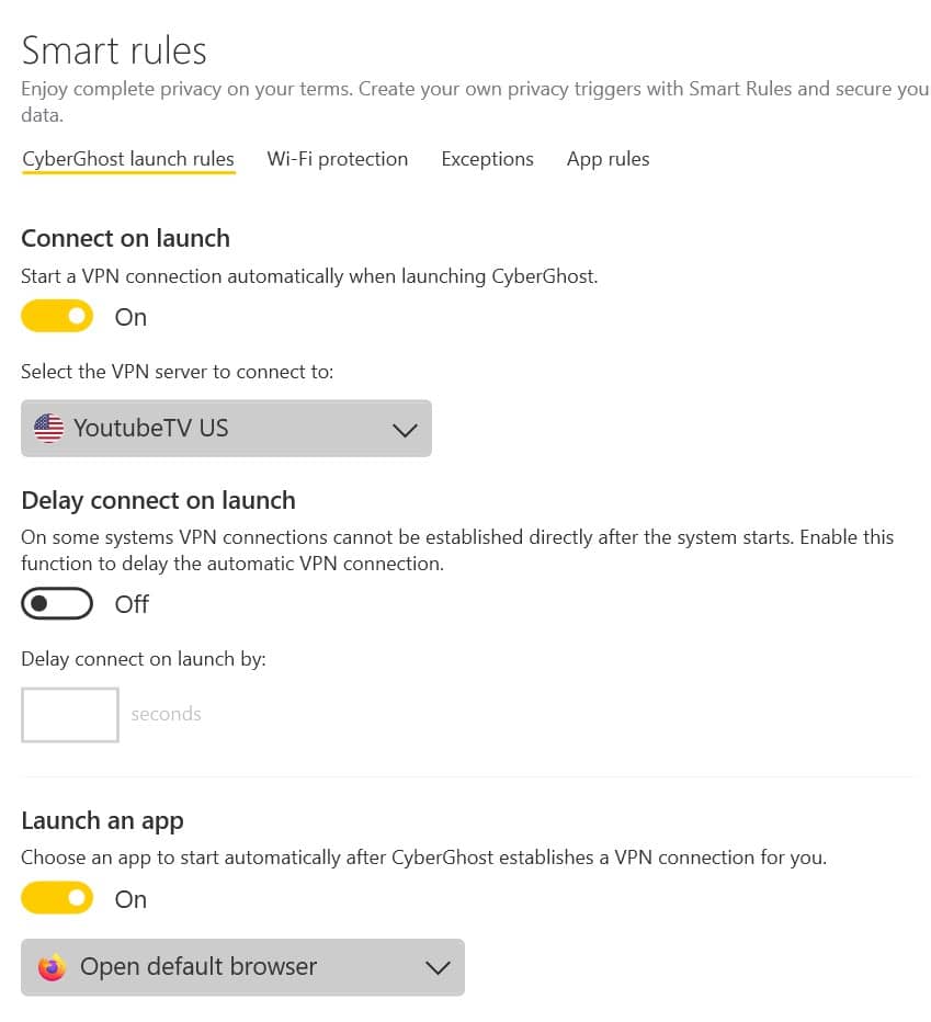 Screenshot of CyberGhost's smart rules page
