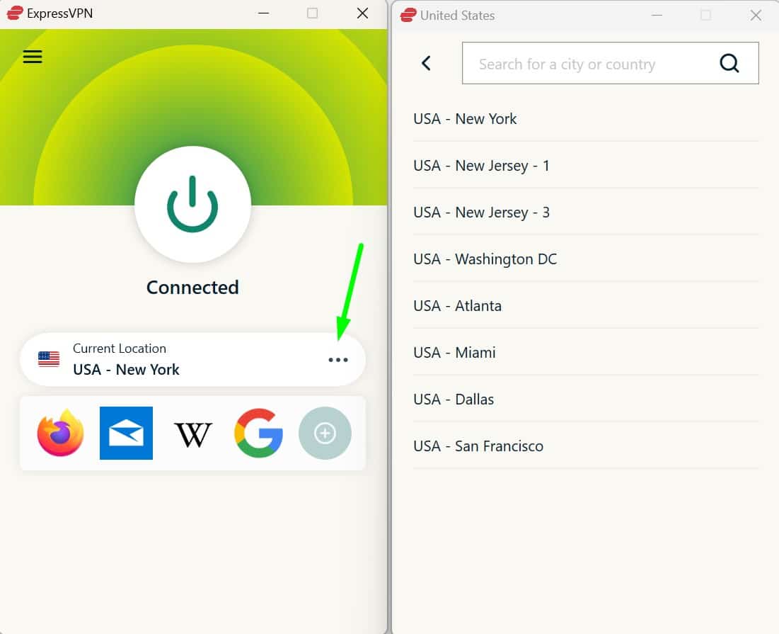 Screenshot of ExpressVPN's US server locations