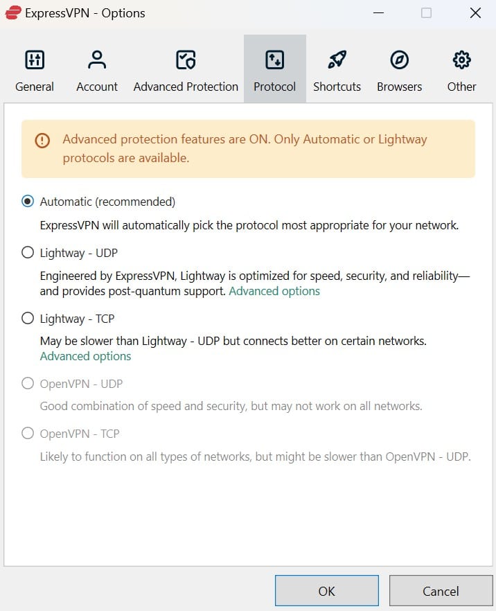 Screenshot of ExpressVPN's Advanced protection warning