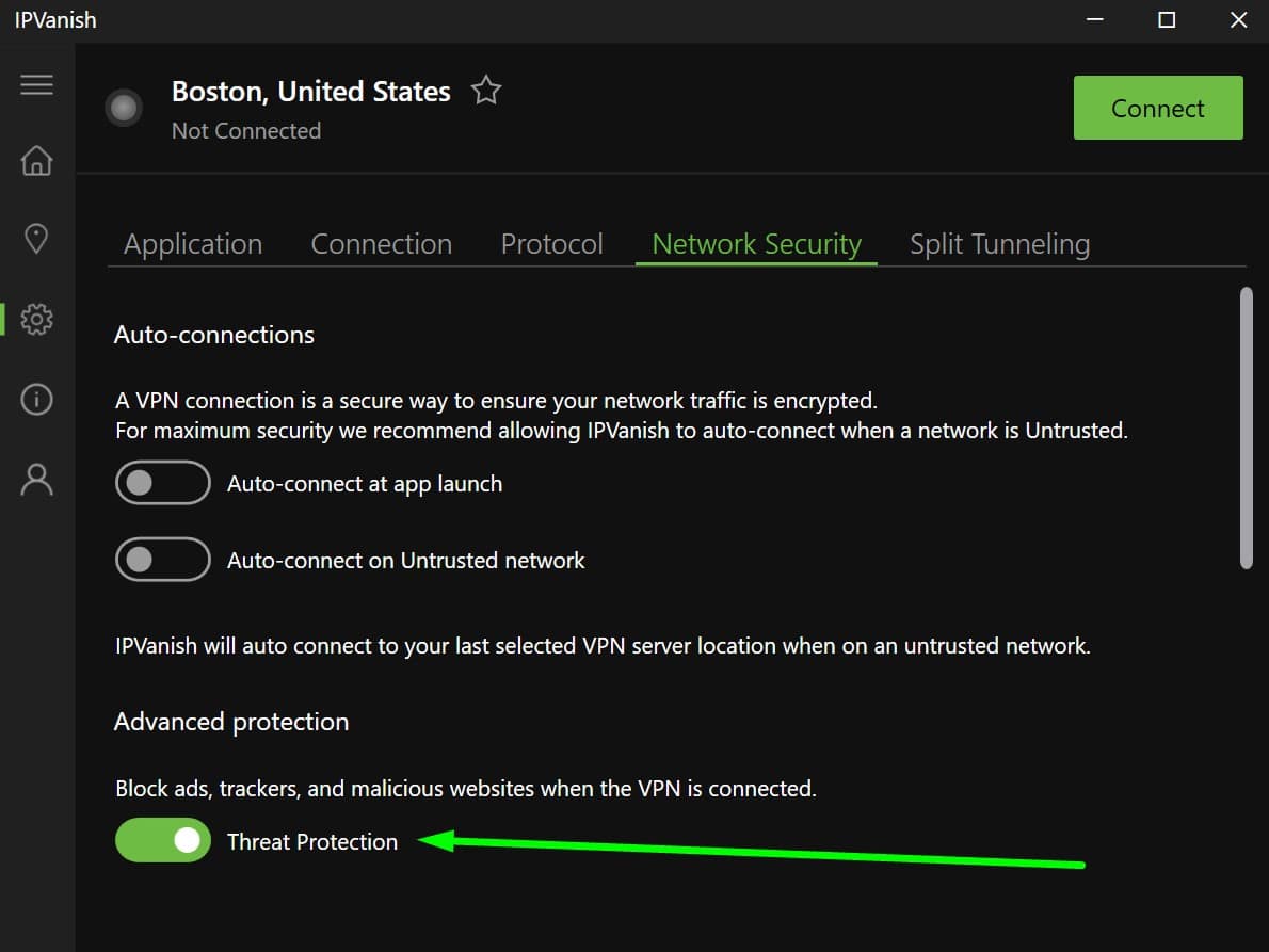 Screenshot of IPVanish's Network Security options