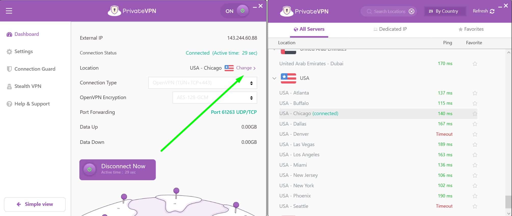 Screenshot of PrivateVPN's US server list