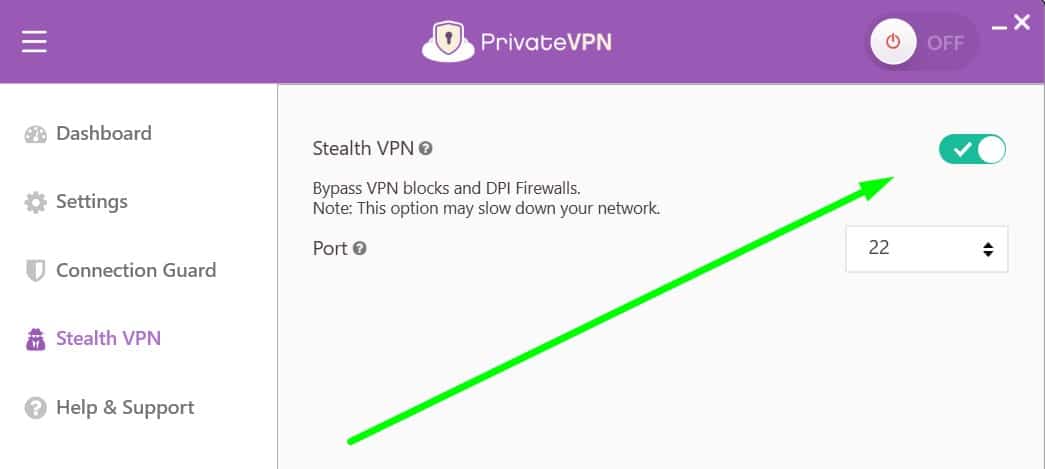 Screenshot showing PrivateVPN's stealth mode tab