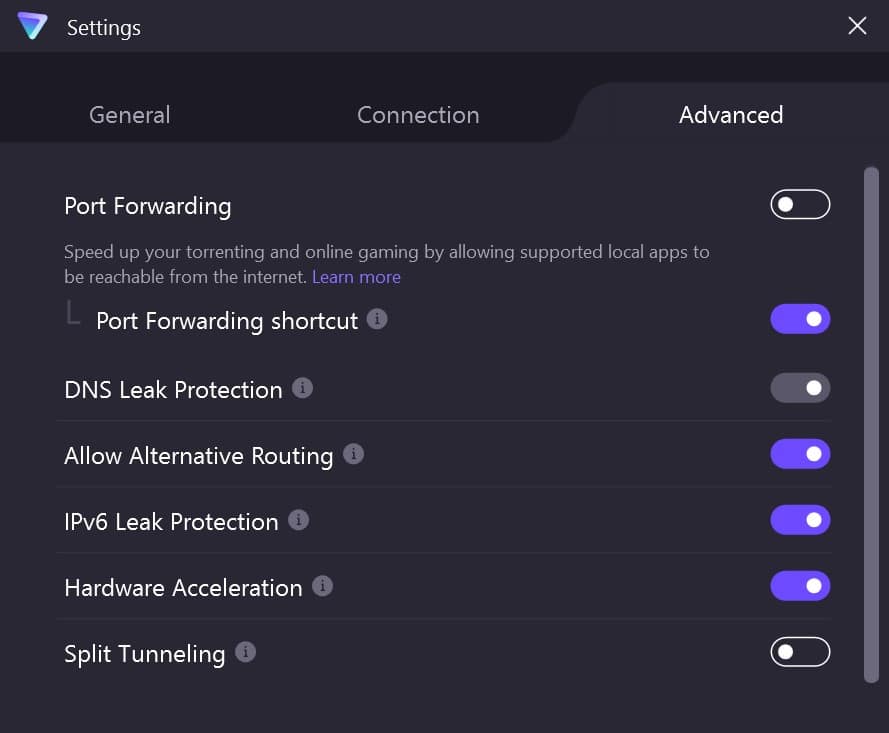 Screenshot of ProtonVPN's Advanced settings menu