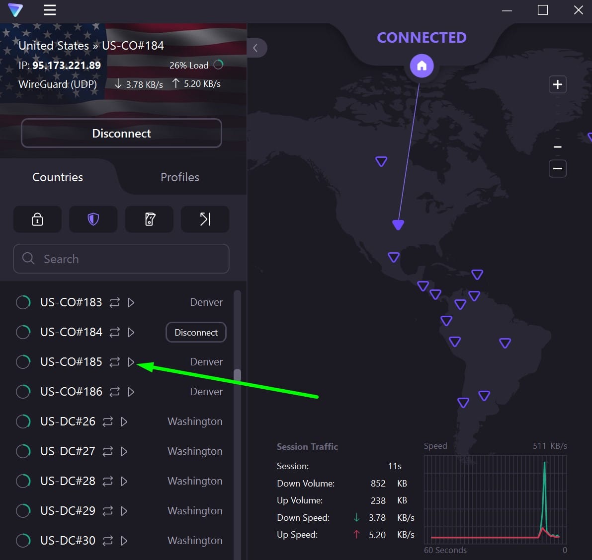 Screenshot showing ProtonVPN's US servers