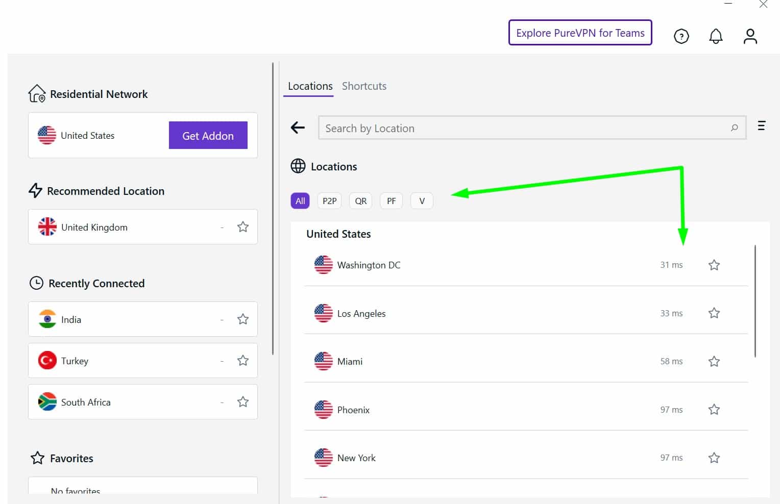 Screenshot of PureVPN's US servers