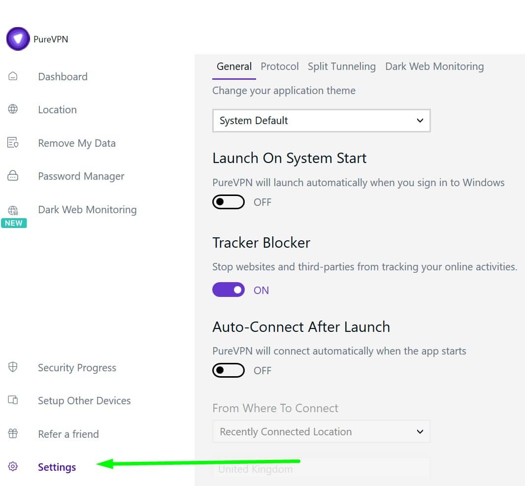 Screenshot of PureVPN's settings page