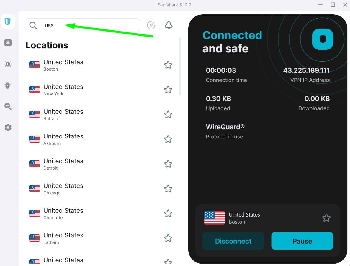 Screenshot of Surfshark's USA server list