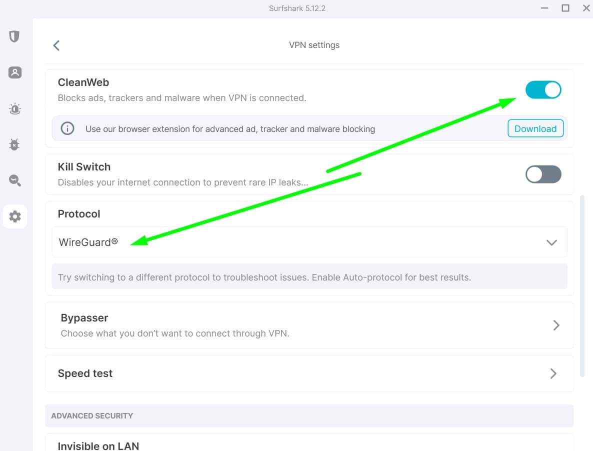 Screenshot of Surfshark's settings poage with an arrow running to its ad blocking and protocol options