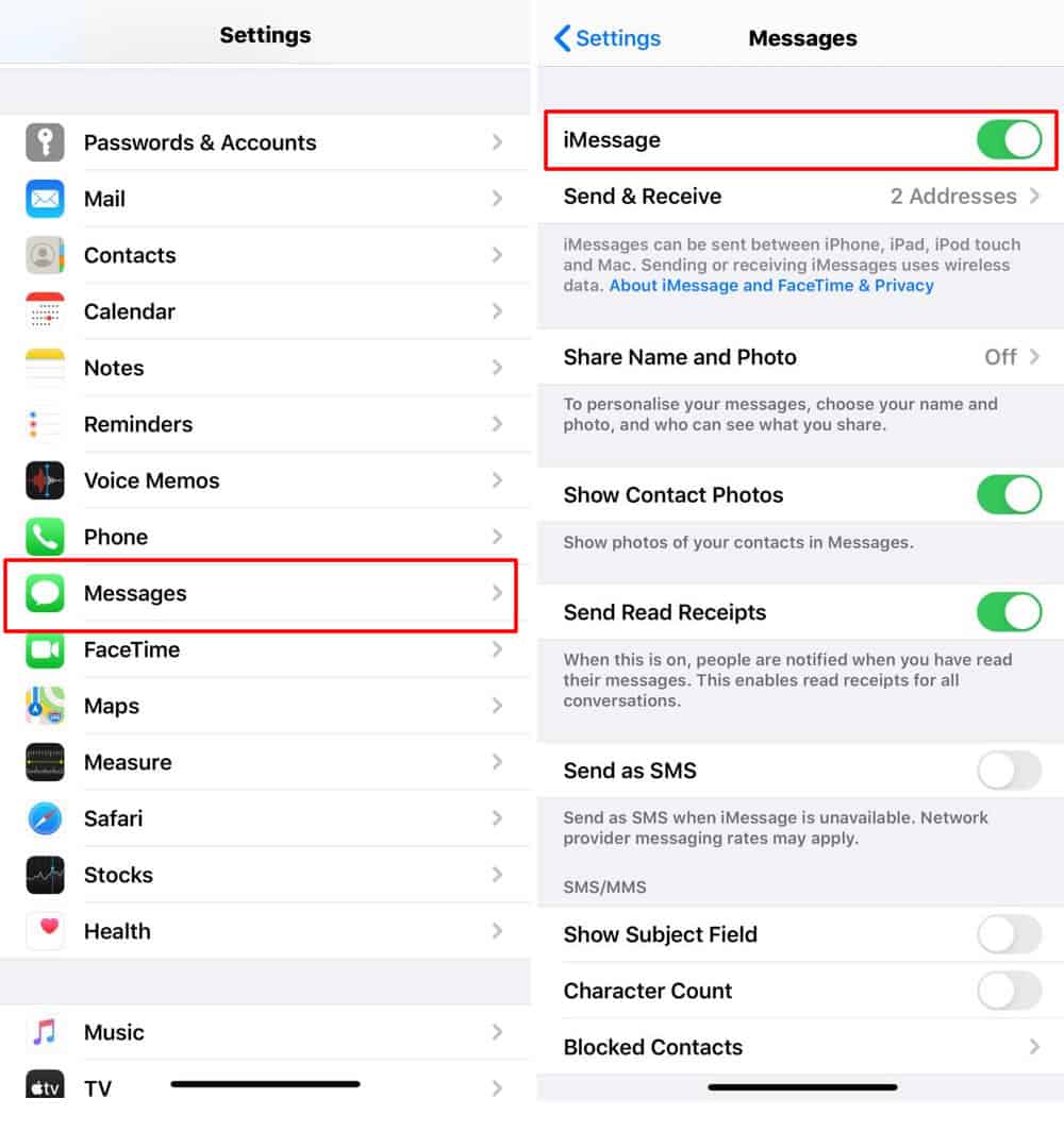 Screenshot showing how to turn off iMessage