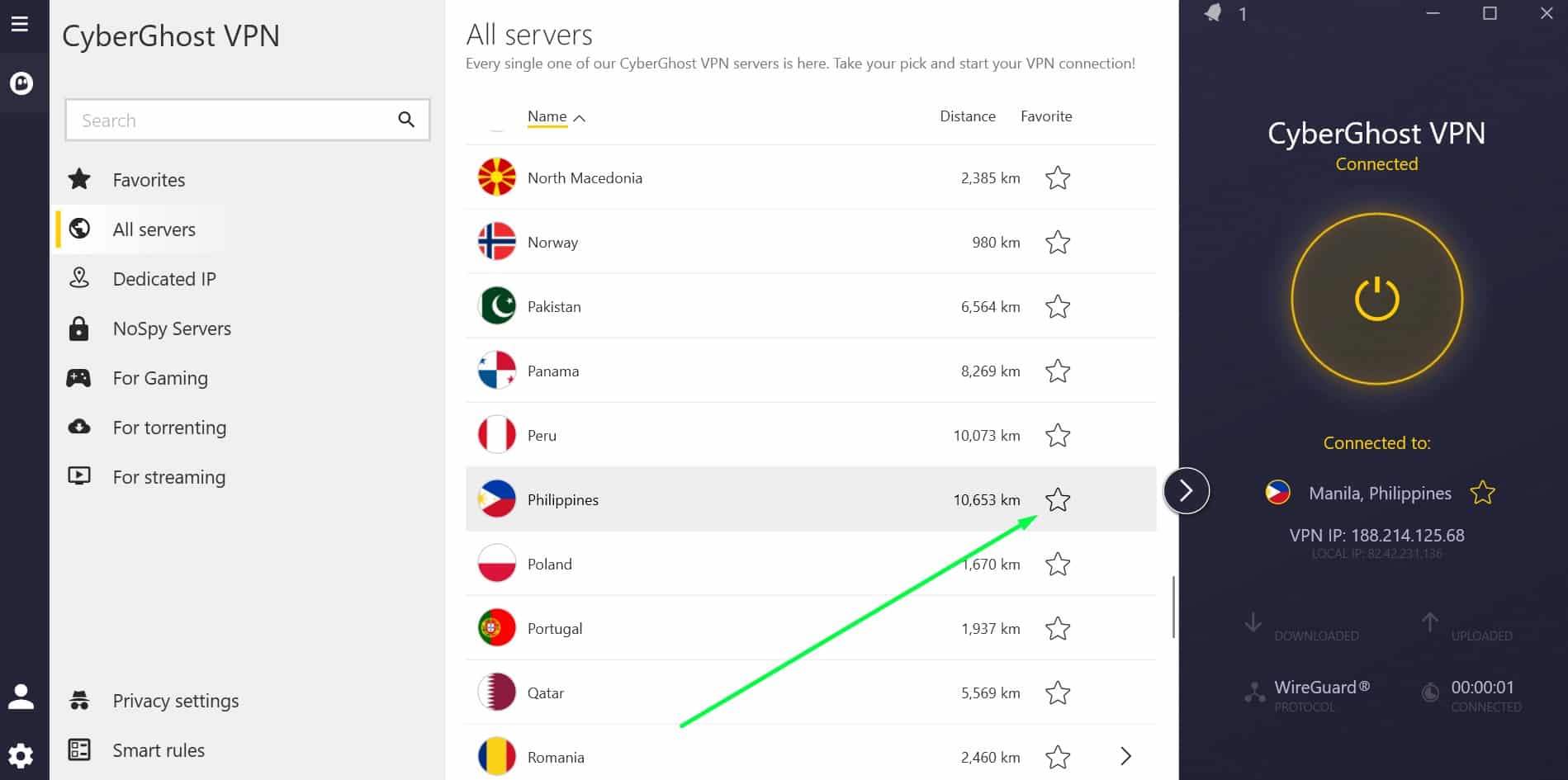 Screenshot showing how to favorite servers in CyberGhost