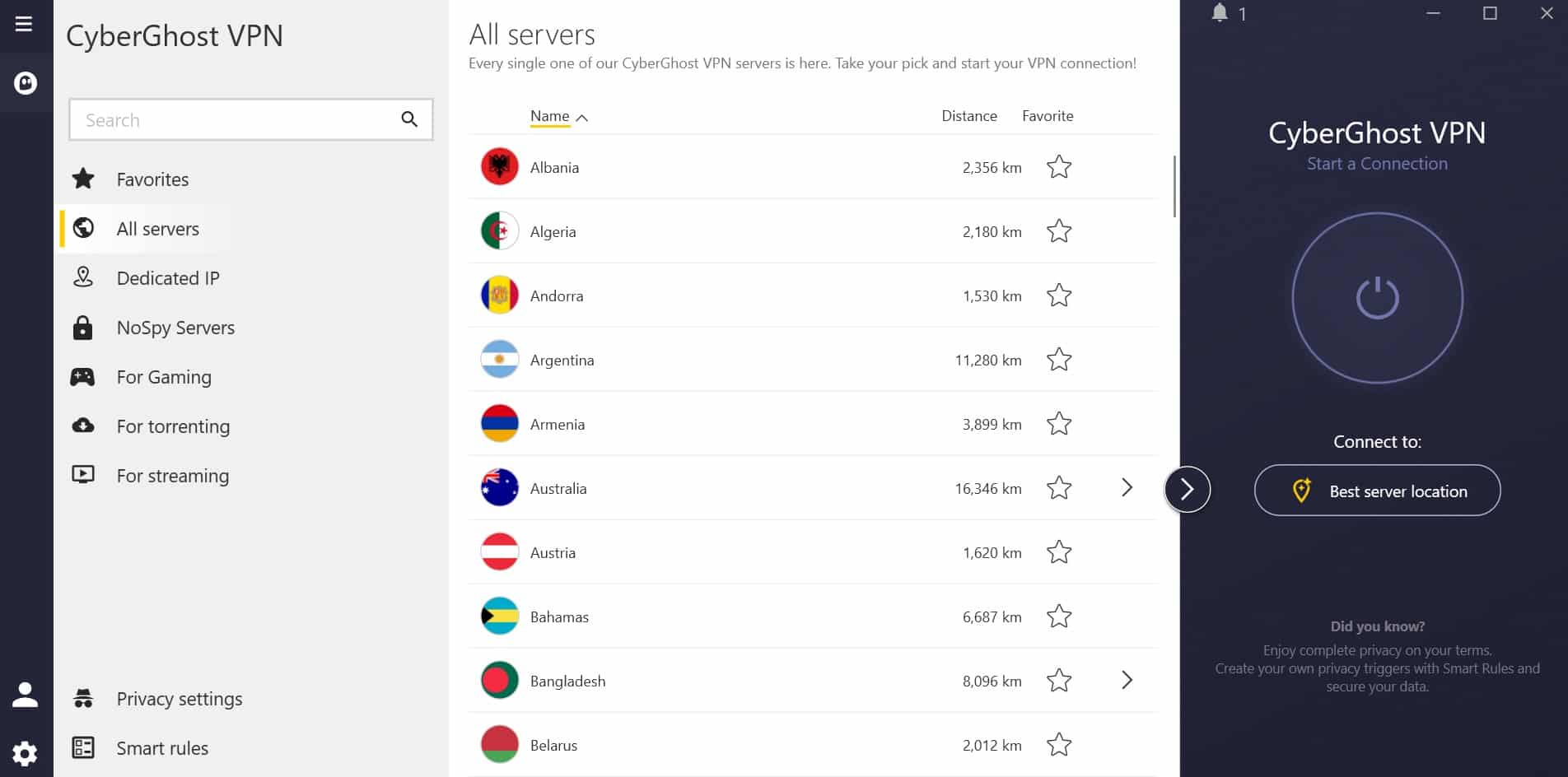 Screenshot of CyberGhost's general purpose server locations