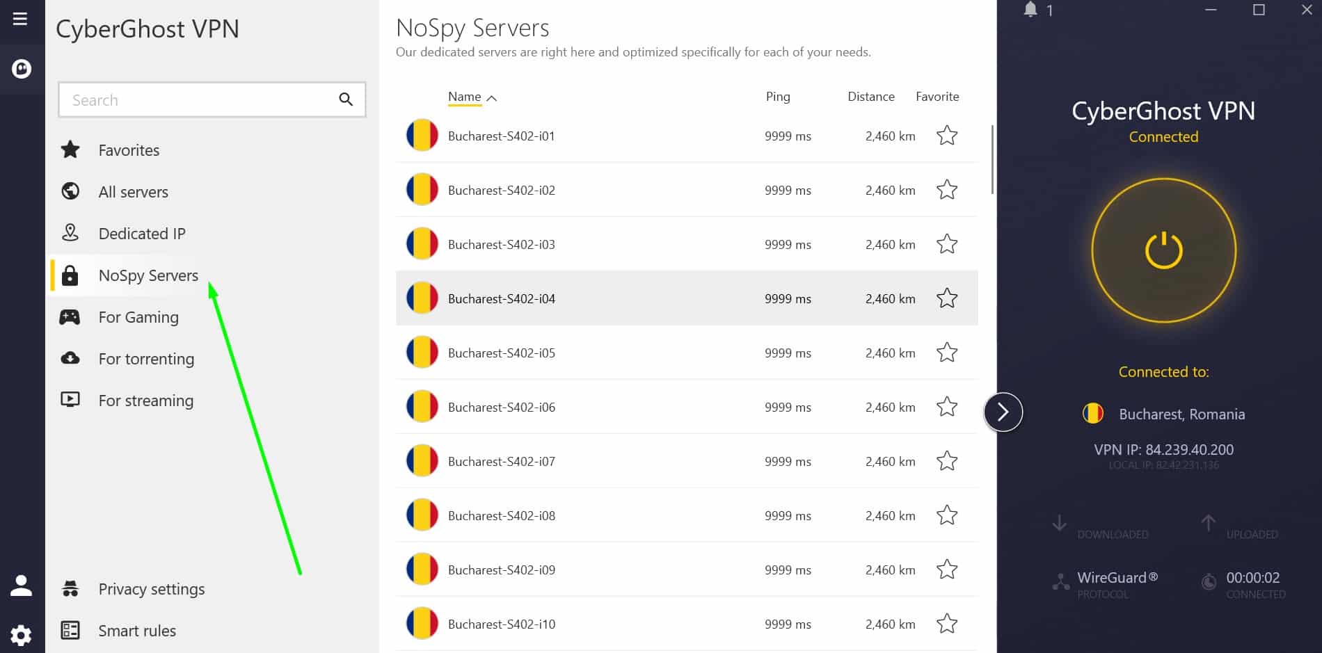 Screenshot showing CyberGhost's NoSpy server list