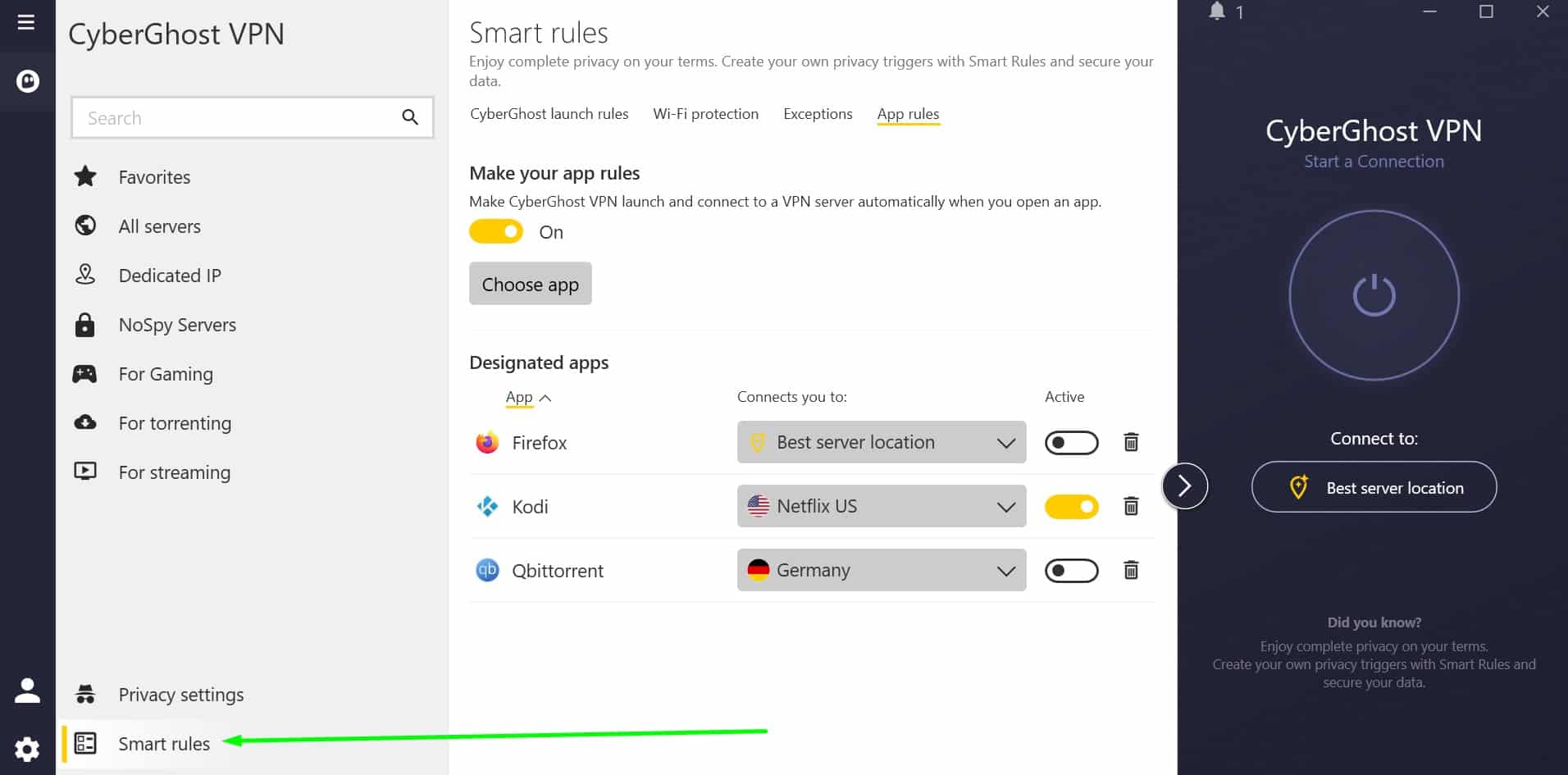 Screenshot showing CyberGhost's smart rules settings