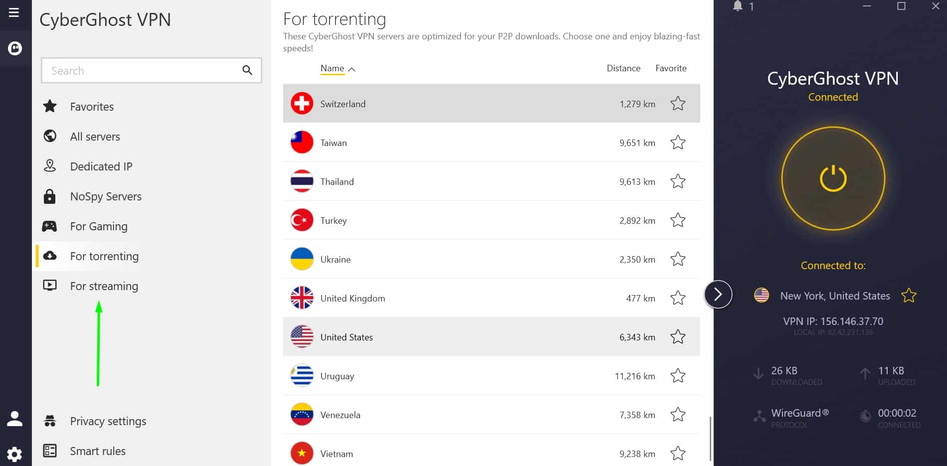 Screenshot showing CyberGhost's server list