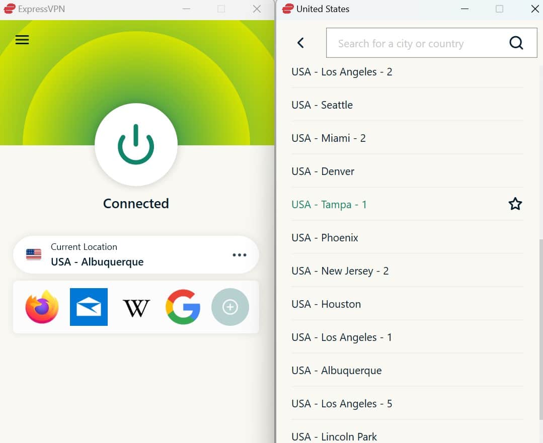 Screenshot showing some of ExpressVPN's US server locations